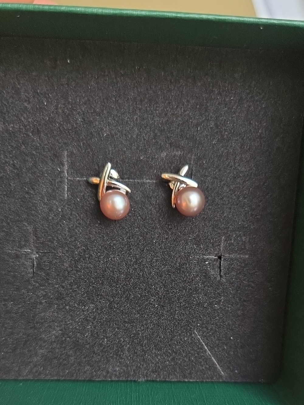Pinkis Pearl Stud Earrings with Silver Crossover Accent